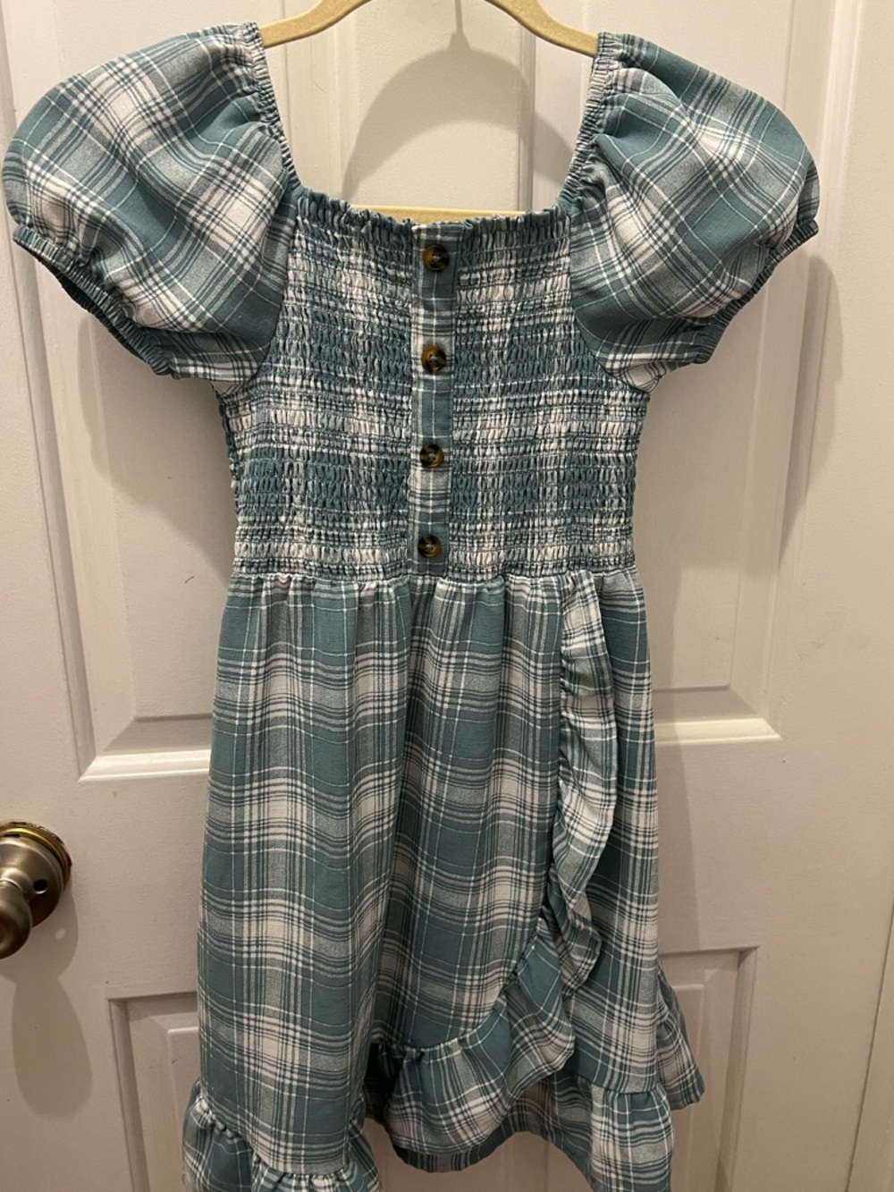 wonder nation Teal and White Plaid Smocked Puff-Sleeve Dress